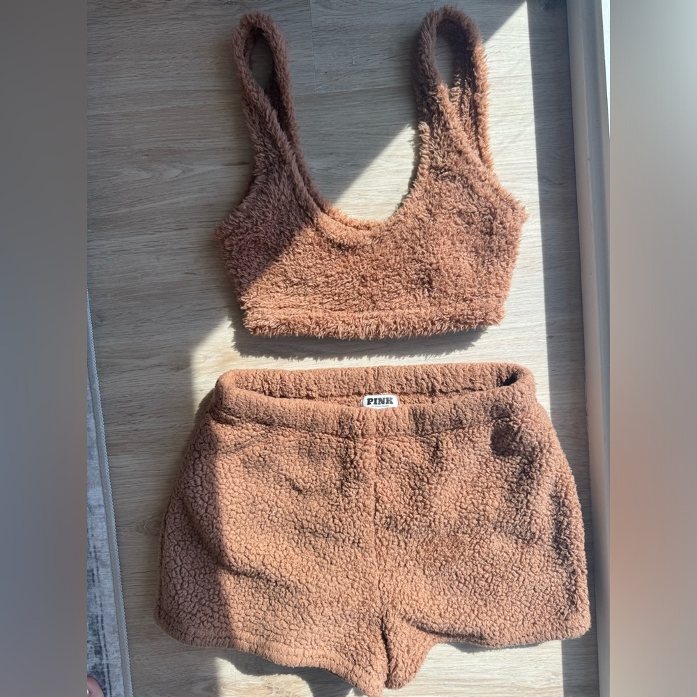 PINK Victoria's Secret Brown Fuzzy Pajama Set